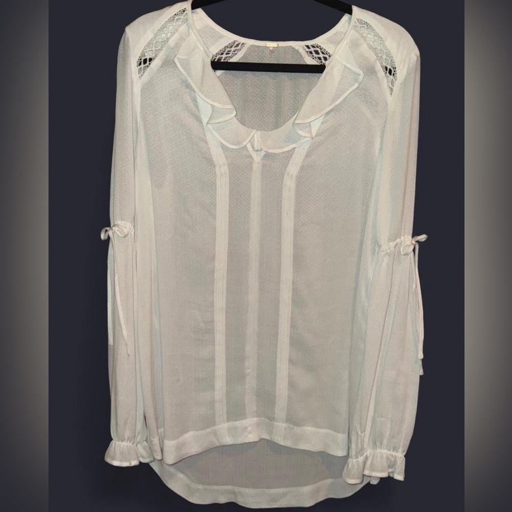 Free People White Ruffle Crochet Sheer Tie Sleeve Top Blouse Boho Fairycore